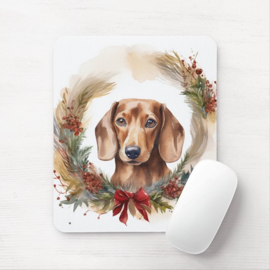Tapis De Souris Coupe de fête de la couronne de Noël de Dachshund (Avec souris)