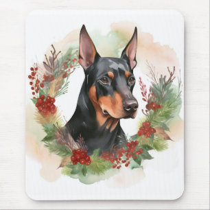 Tapis De Souris Coupe festive Doberman Christmas Wreath