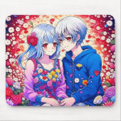 Tapis De Souris Couple Anime mignon, Fleurs et Coeurs (Devant)