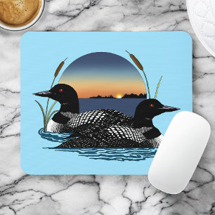 Tapis De Souris Couple de huards Coucher de soleil Bleu Lac Faune