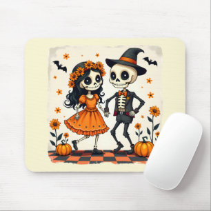 Tapis De Souris Couple de squelettes d'Halloween mignon en orange