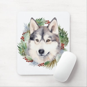 Tapis De Souris Couronne de Noël festive avec Husky sibérien