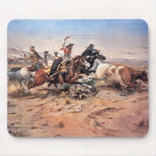 Tapis De Souris Cowboys roping un boeuf, 1897 (huile sur la toile) (Devant)
