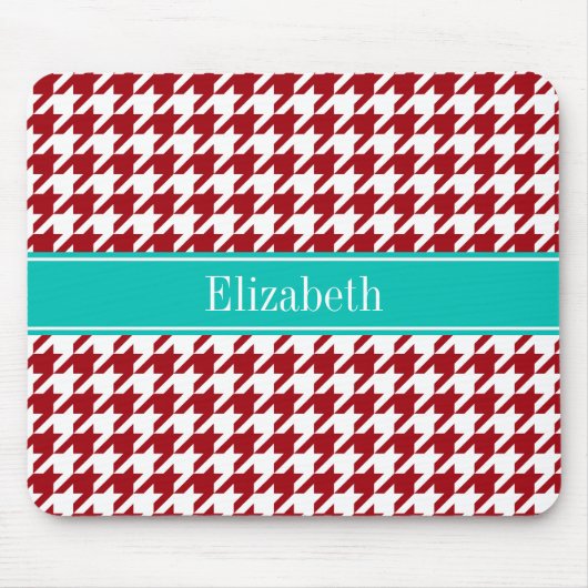 Tapis De Souris Cranberry Red Wht Houndstooth Nom Turquoise Monogr (Devant)
