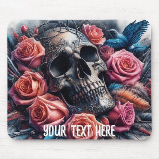 Tapis De Souris Crâne avec Roses et Bluebird (Devant)