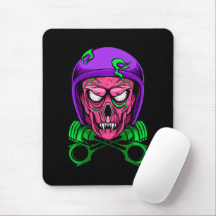 Tapis De Souris Crâne de motard zombie néon avec pistons croisés
