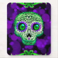 Crâne de sucre vert et violet brillant Halloween