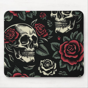 Tapis De Souris Crânes et roses rouges florale gothique