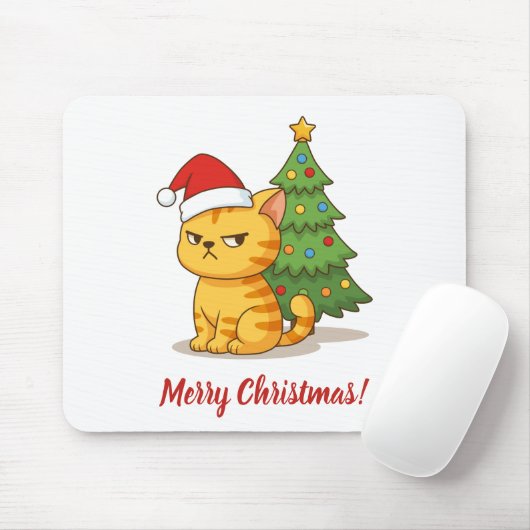 Tapis De Souris Cranky Orange Tabby Cat Red Hat Christmas Tree (Avec souris)