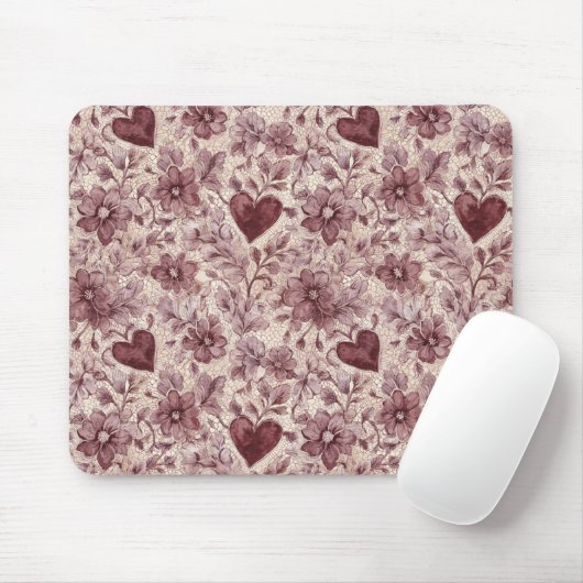 Tapis De Souris Cream Burgundy Red Hearts Flowers (Avec souris)
