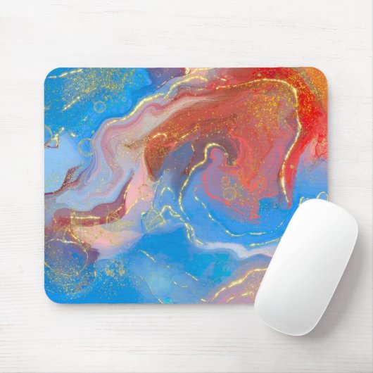 Tapis De Souris Crimson, Blush, Blue and Gold Marbled Alcohol Ink (Avec souris)