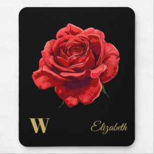 Tapis De Souris Crimson Roses sur Black Gold Script Personnalisé