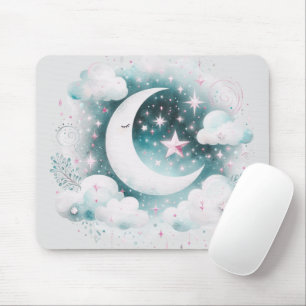 Tapis De Souris Croissant de Lune Céleste Bleu et Blanc Bohème Mod