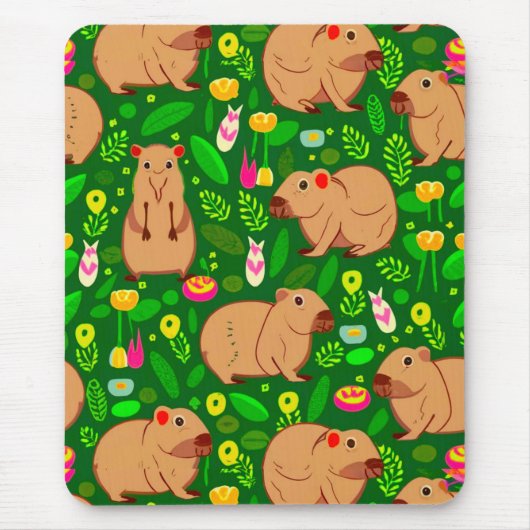Tapis De Souris Croquis Capybara avec fleurs de printemps sur vert (Devant)