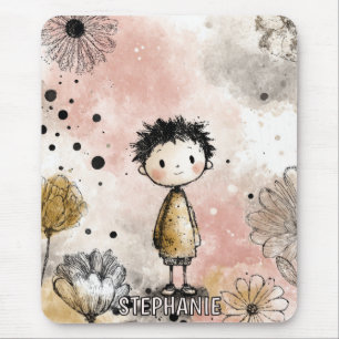 Tapis De Souris Croquis de joli garçon - Fleurs roses et jaune mou