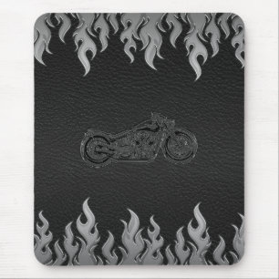 Tapis De Souris Cuir Noir Flammes Argentées Moto Chrome