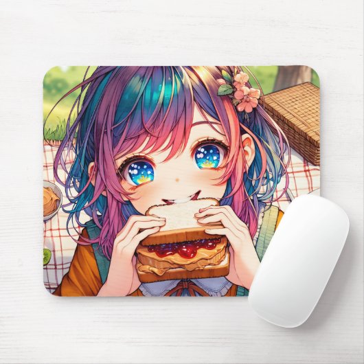 Tapis De Souris Cute Anime Girl mangeant un beurre d'arachide et g (Avec souris)