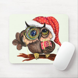 Tapis De Souris Cute Baby Owl In Christmas Hat and Gift - Painting