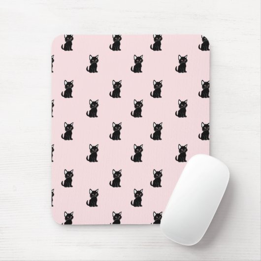 Tapis De Souris Cute Black Cat Pattern on Pastel Pink (Avec souris)