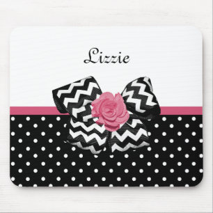 Tapis De Souris Cute Black Dots Pink Rose Chevron Bow and Name