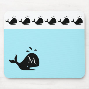 Tapis De Souris Cute blanche et bleue Custom Initial Baleine noire