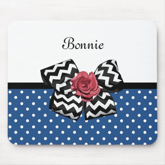 Tapis De Souris Cute Bleu Pois Rouge Rose Chevron Bow et nom (Devant)