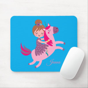 Tapis De Souris Cute Blondie Haired Girl équitation sur une licorn