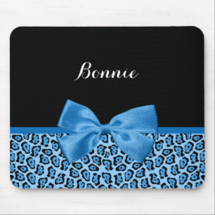 Tapis De Souris Cute Blue Jaguar Print Bright Blue Ribbon et nom