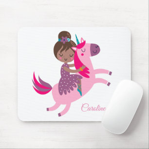Tapis De Souris Cute Brunette Haired Girl équitation sur une licor