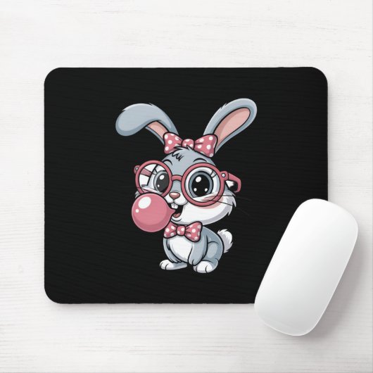 Tapis De Souris Cute Bunny with Glasses Blowing Bubble Gum (Avec souris)