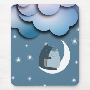 Tapis De Souris Cute Cats Cuddling on the Moon Art