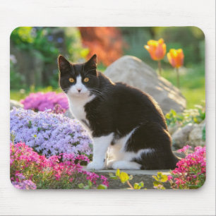 Tapis De Souris Cute chat blanc noir dans un jardin fleuri coloré