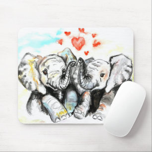 Tapis De Souris Cute Elephants Hug - Amour - Peinture aquarelle