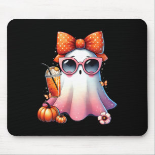 Tapis De Souris Cute Ghost Boire Café Avec Halloween Bow Femmes