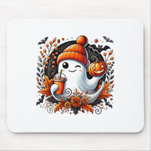 Tapis De Souris Cute Ghost Boire Café Halloween Thème Éffrayant