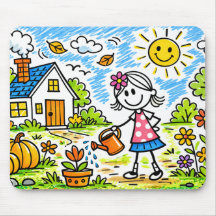 Cute Girl Watering Flowers Mouse Pad