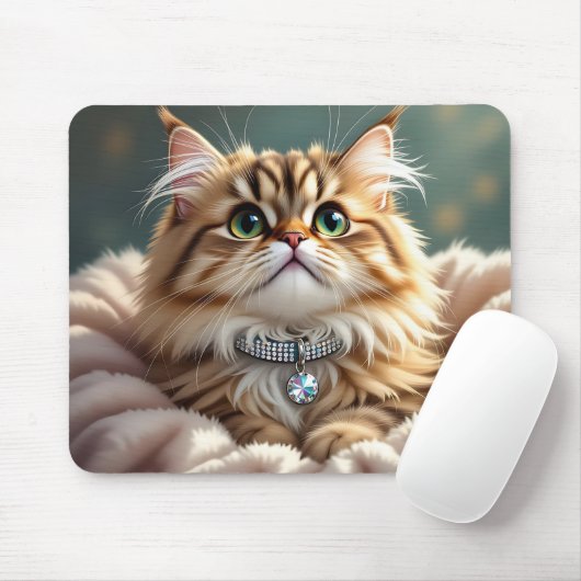 Tapis De Souris Cute Grey Fluffy Tabby Chat avec collier diamant (Avec souris)