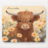 Tapis De Souris Cute Highland Cow Floral avec Monogramme (Devant)