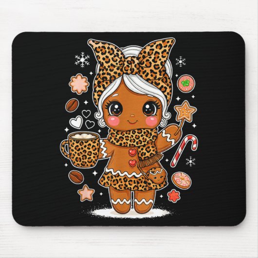 Tapis De Souris Cute Leopard Gingerbread Girl Coquette Bow Holiday (Devant)