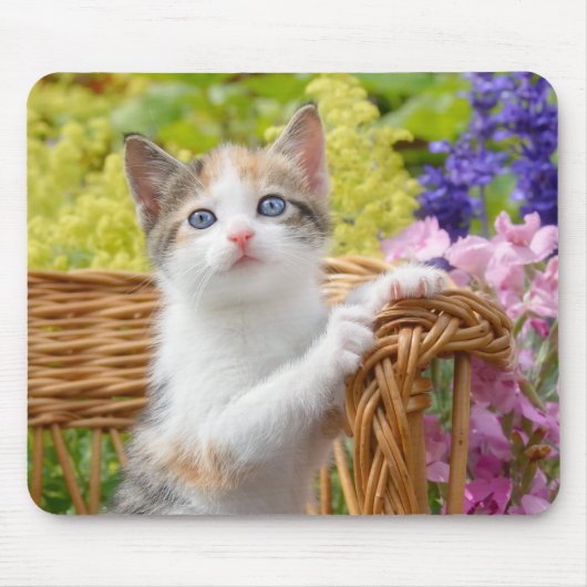 Tapis De Souris Cute Nosy Baby Chat Kitten dans un jardin fleuri (Devant)