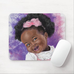 Tapis De Souris Cute Petite Fille Avec Ruban Rose - Aquarelle Art