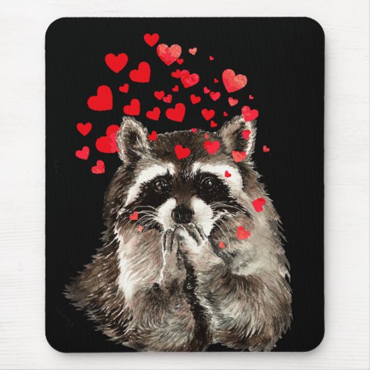 Tapis De Souris Cute Raccoon souffler Baisers Amour Coeurs (Devant)