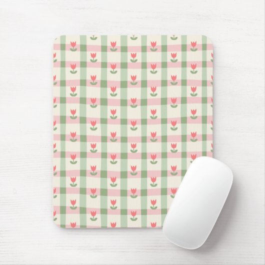 Tapis De Souris Cute Tulip Checkered Pattern | Pastel Floral (Avec souris)