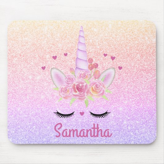 Tapis De Souris Cute Unicorn Visage arc-en-ciel Parties scintillan (Devant)
