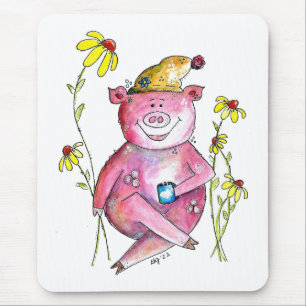 Tapis De Souris Cute Whimsical Cochon Boire Café
