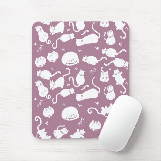 Tapis De Souris Cute White Cats Pattern on Mauve Background (Avec souris)