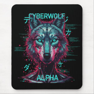 Tapis De Souris Cyberloup Alpha Loup Cyberpunk Néon Futuriste