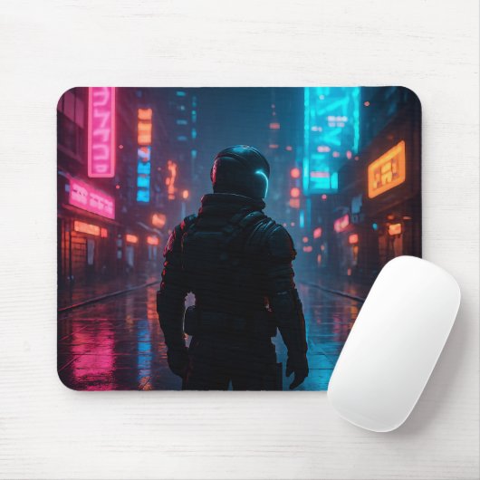 Tapis De Souris Cyberpunk Neon Warrior Mousepad - Futuriste Sci-F (Avec souris)