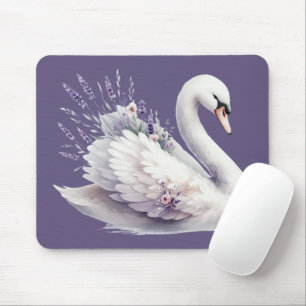 Tapis De Souris Cygne à l'aquarelle avec florales lavande