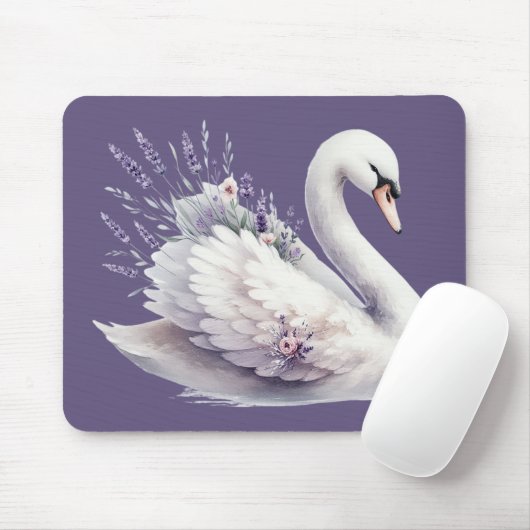 Tapis De Souris Cygne aquarelle avec fleurs de lavande (Avec souris)
